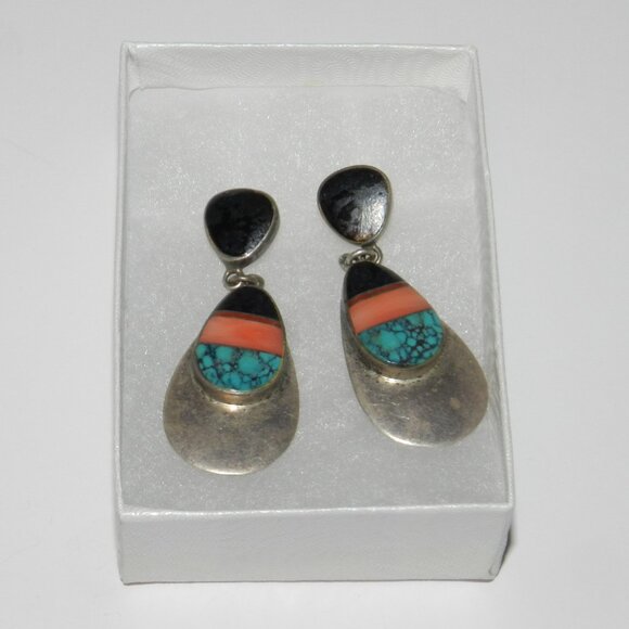 Navajo John Charley Silver 925 - Turquoise Lapis Inlay Earrings 13.3g - Picture 4 of 11